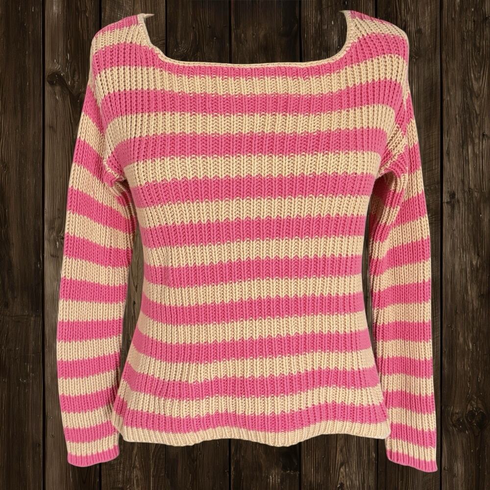 Hinge Nordstroms Ribbed Cropped Sweater Sz M 100% Cotton Pink Tan w Long Sleeve